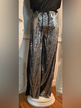High-Waist Silver Sequin Wide-Leg Pants